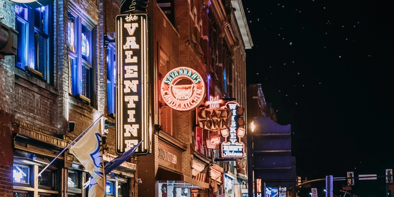Nashville Broadway honky tonk row at dusk